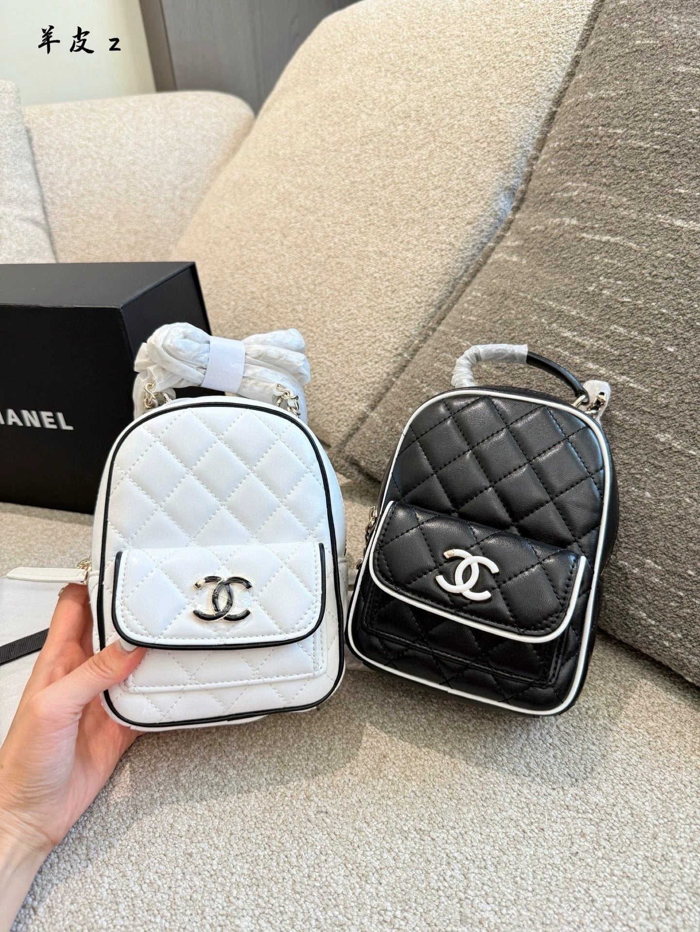 25 New panda color multi-purpose small backpack made of sheepskin