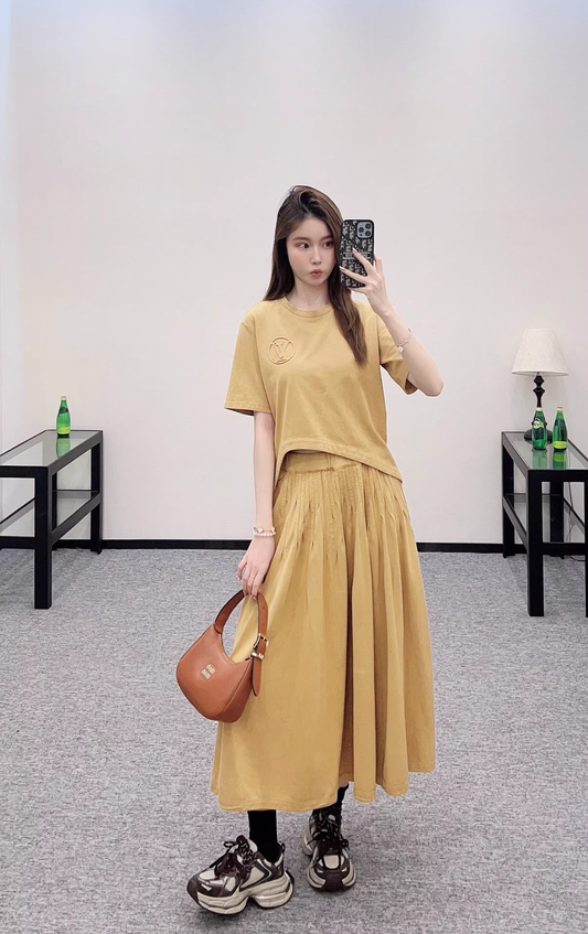 2025 Round neck distressed irregular short sleeved skirt set
