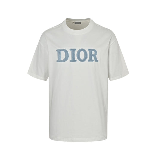 25ss Blue velvet letter embroidered short sleeved shirt