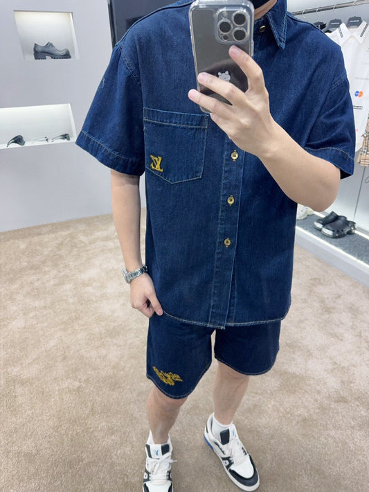25ss rope signature letter embroidered denim short sleeved shirt