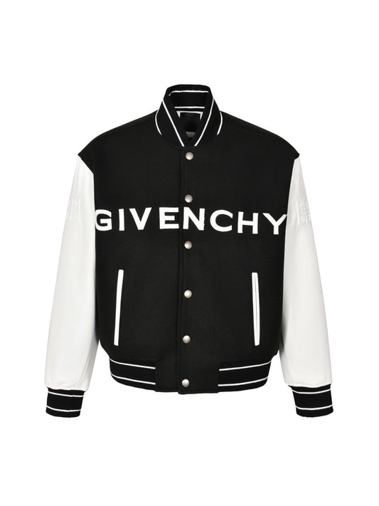 Embroidered lettering leather sleeve patchwork baseball jersey
