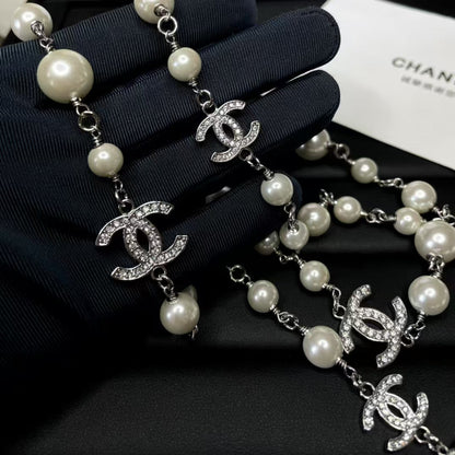 Pearl Silver Hardware Long Necklace 65cm with Crystals