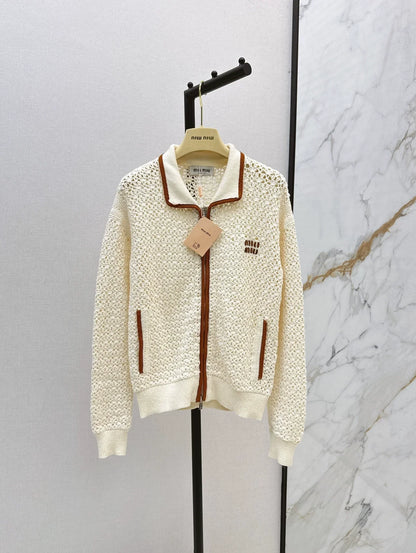 Lapel Openwork Zip-Up Knit Jacket