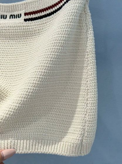 25 Summer new color matching ribbon pure cotton knitted suspender skirt suit