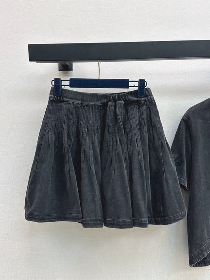 2025 Round neck distressed irregular short sleeved skirt set