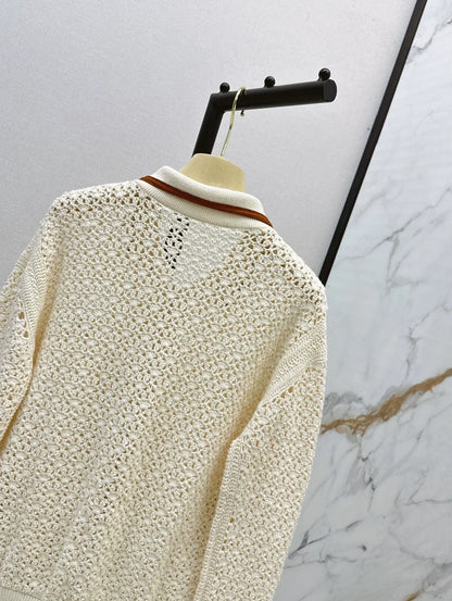 Lapel Openwork Zip-Up Knit Jacket
