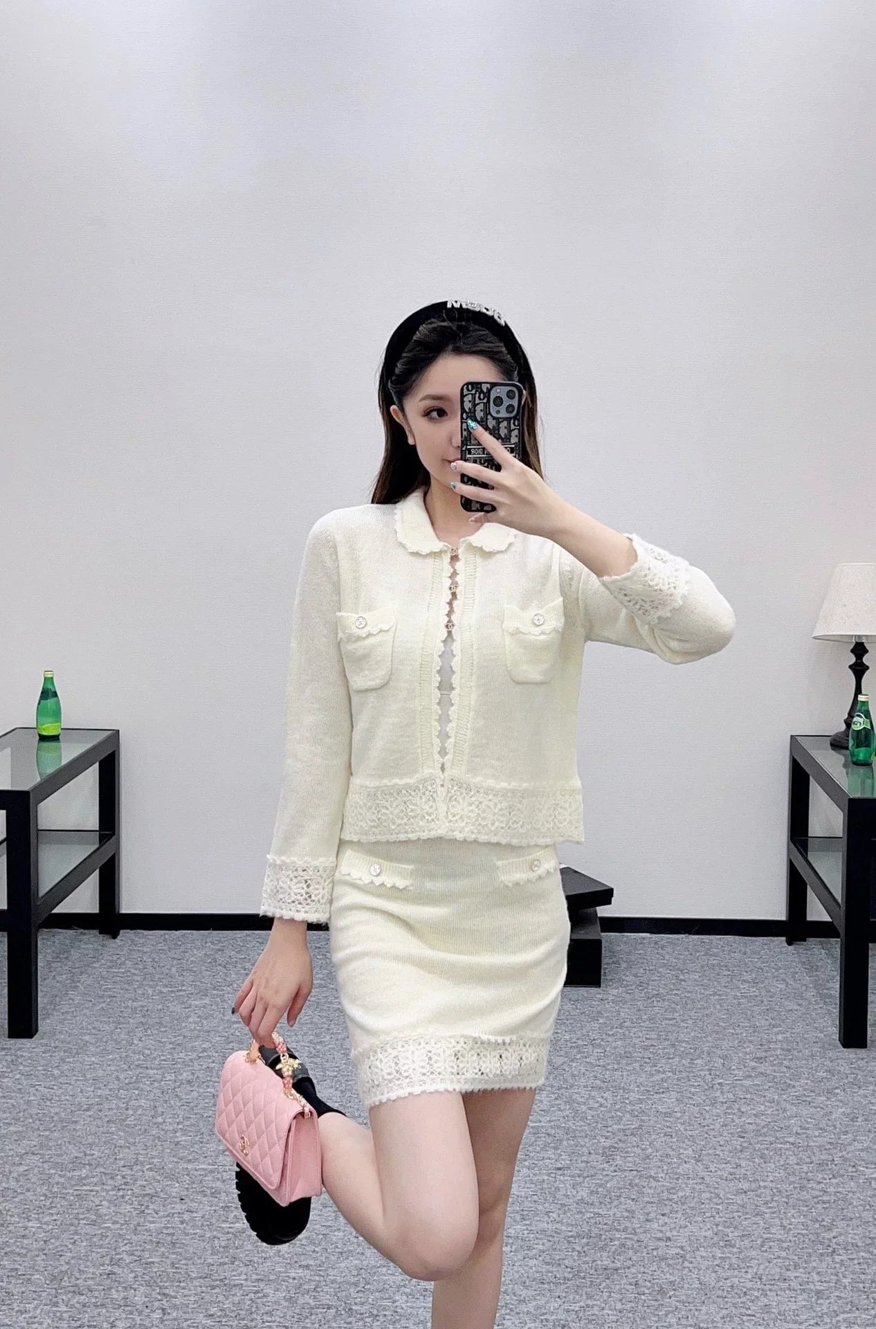 C 25 Crochet Lace Knit Cardigan Skirt Set