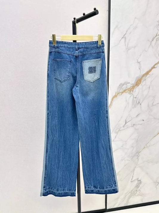 25fw Color blocked denim straight leg pants