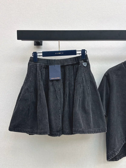 2025 Round neck distressed irregular short sleeved skirt set