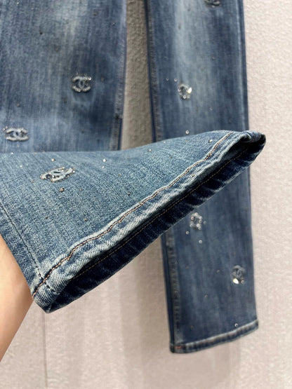 25fw Embossed and rhinestone denim pants