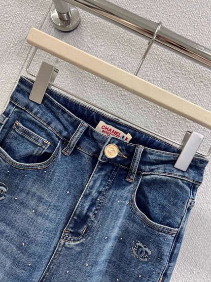 25fw Embossed and rhinestone denim pants