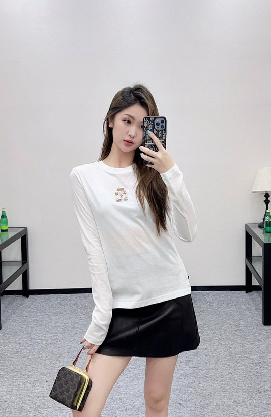 C 25 Rhinestone Beaded Perfume Bottle Crew Neck Bottoming Shirt