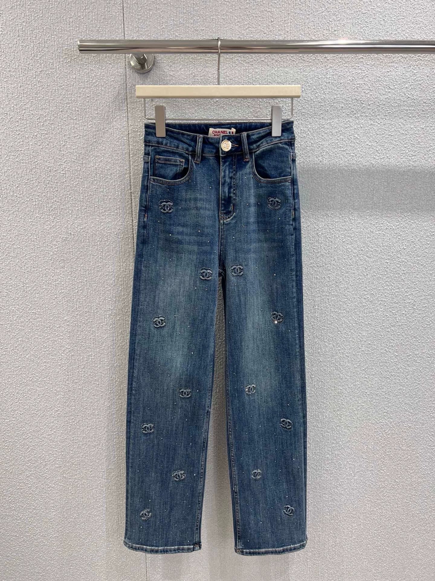 25fw Embossed and rhinestone denim pants