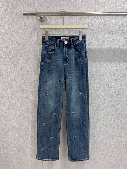 25fw Embossed and rhinestone denim pants
