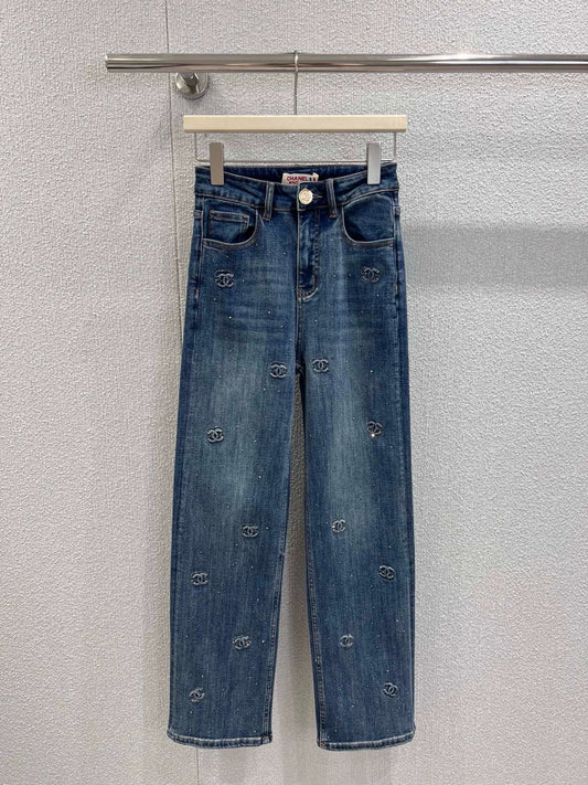 25fw Embossed and rhinestone denim pants