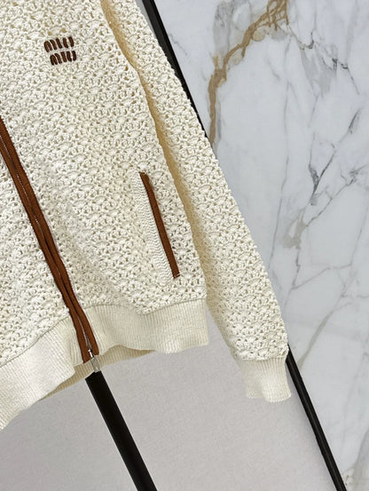 Lapel Openwork Zip-Up Knit Jacket
