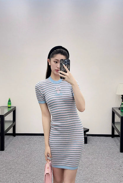C 25 Striped Knit Short-Sleeved Dress