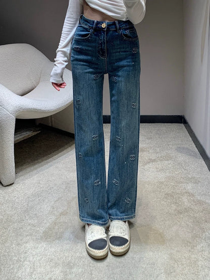 25fw Embossed and rhinestone denim pants