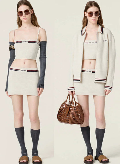 25 Summer new color matching ribbon pure cotton knitted suspender skirt suit