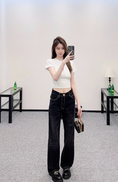 2025 High waisted white pleated denim pants