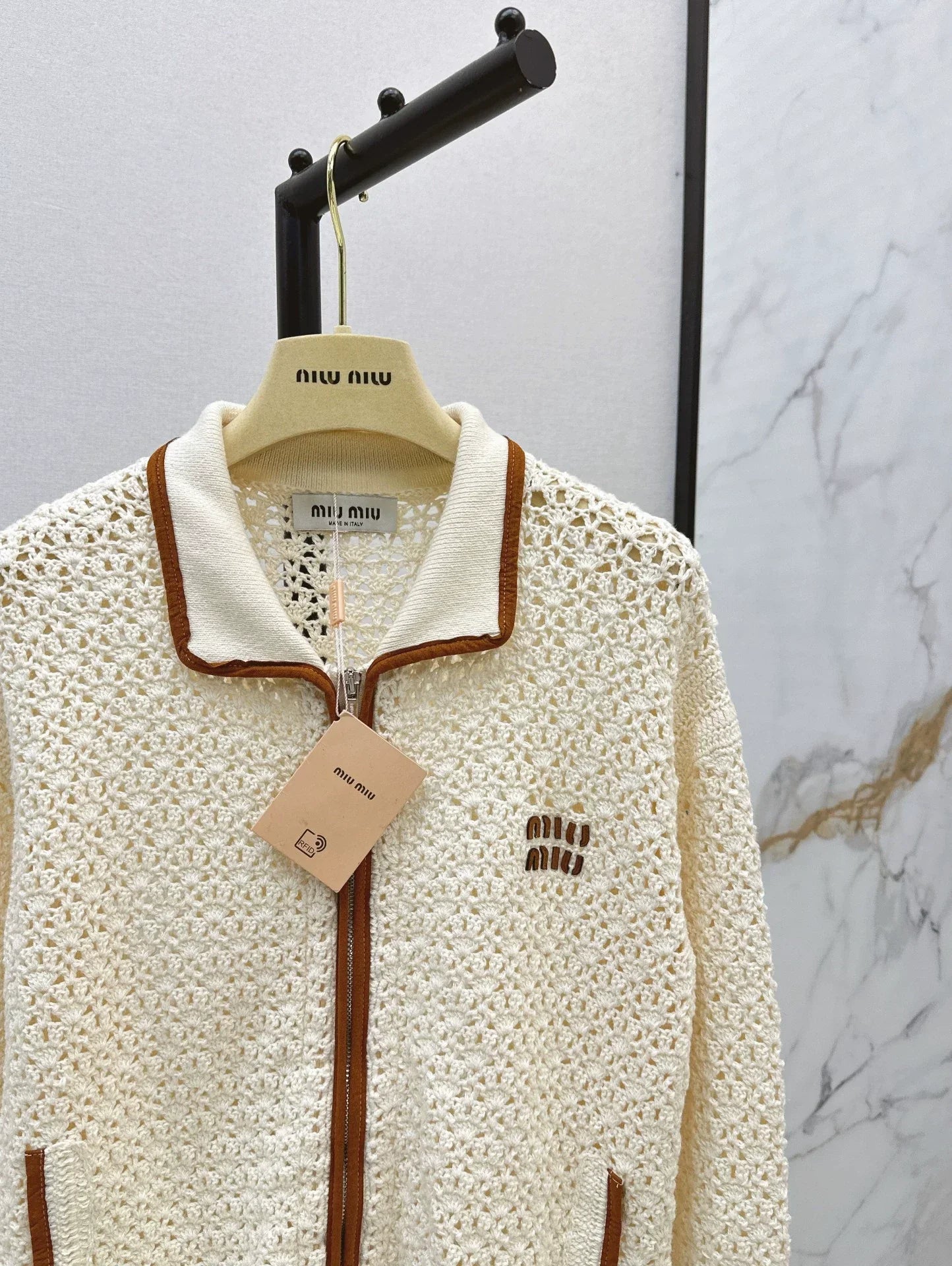 Lapel Openwork Zip-Up Knit Jacket