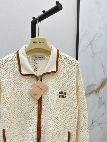 Lapel Openwork Zip-Up Knit Jacket