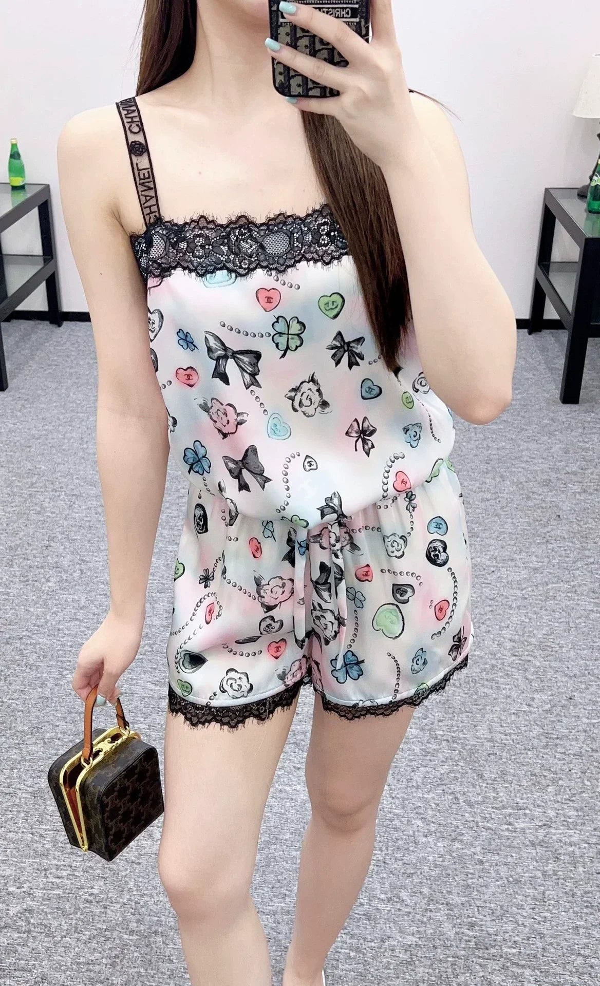 C 25 Reactive Print Lace Tank Top and Shorts Set