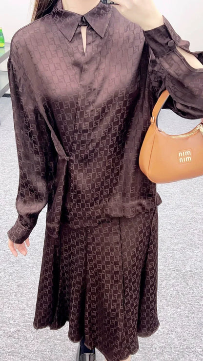 25 Jacquard Cross Collar Shirt Half Skirt Set