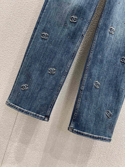 25fw Embossed and rhinestone denim pants