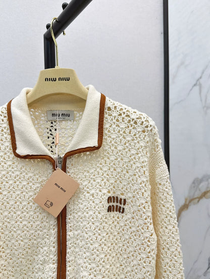 Lapel Openwork Zip-Up Knit Jacket