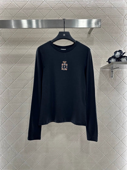 C 25 Rhinestone Beaded Perfume Bottle Crew Neck Bottoming Shirt