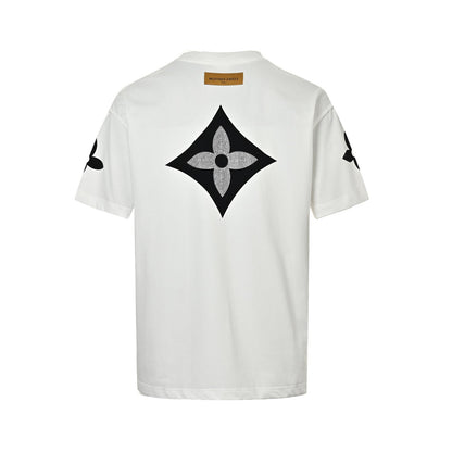 Four-leaf clover rhinestone logo flocked short-sleeve