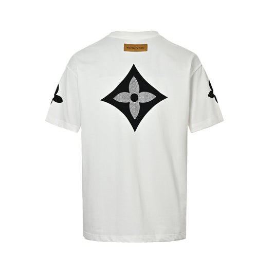 Four-leaf clover rhinestone logo flocked short-sleeve