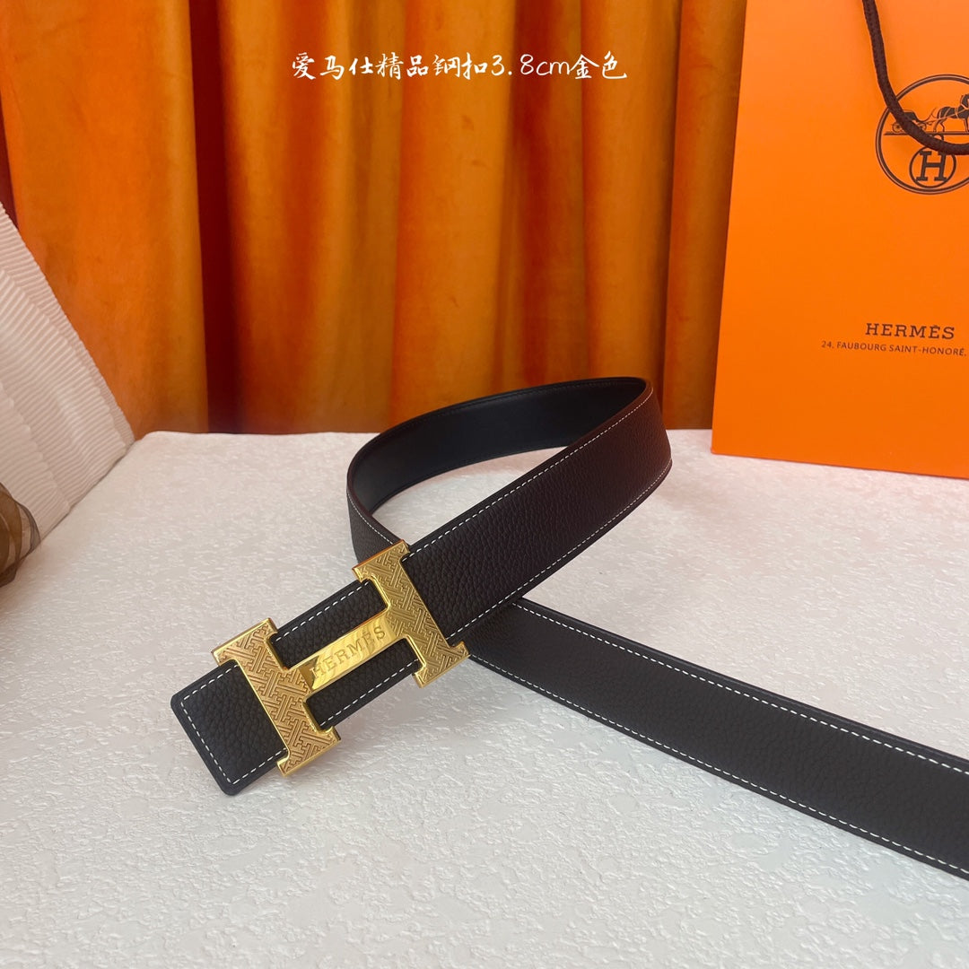 Gold Buckle H Belt 38mm Black Brown Calfskin 187185