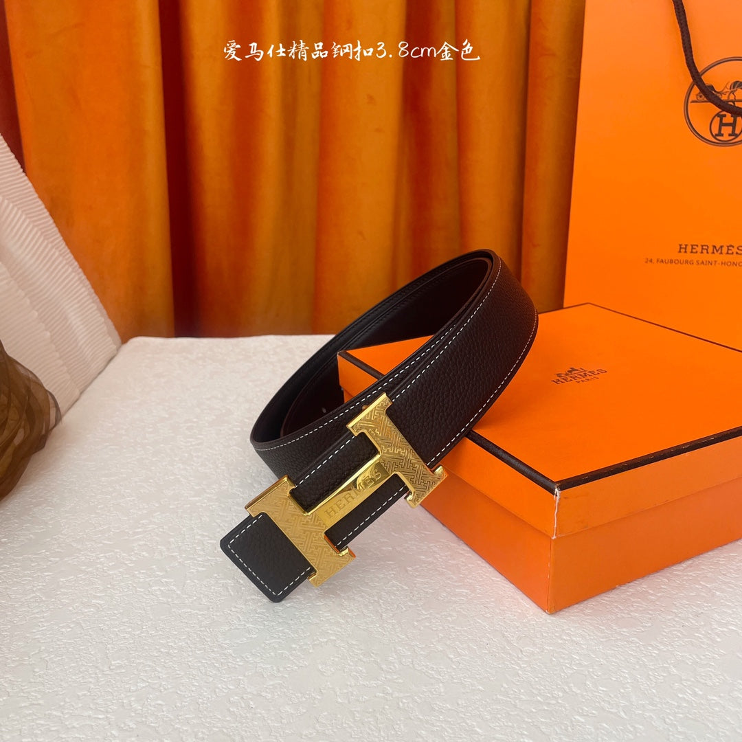 Gold Buckle H Belt 38mm Black Brown Calfskin 187185