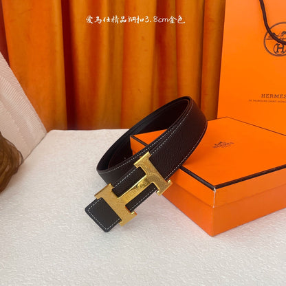 Gold Buckle H Belt 38mm Black Brown Calfskin 187185