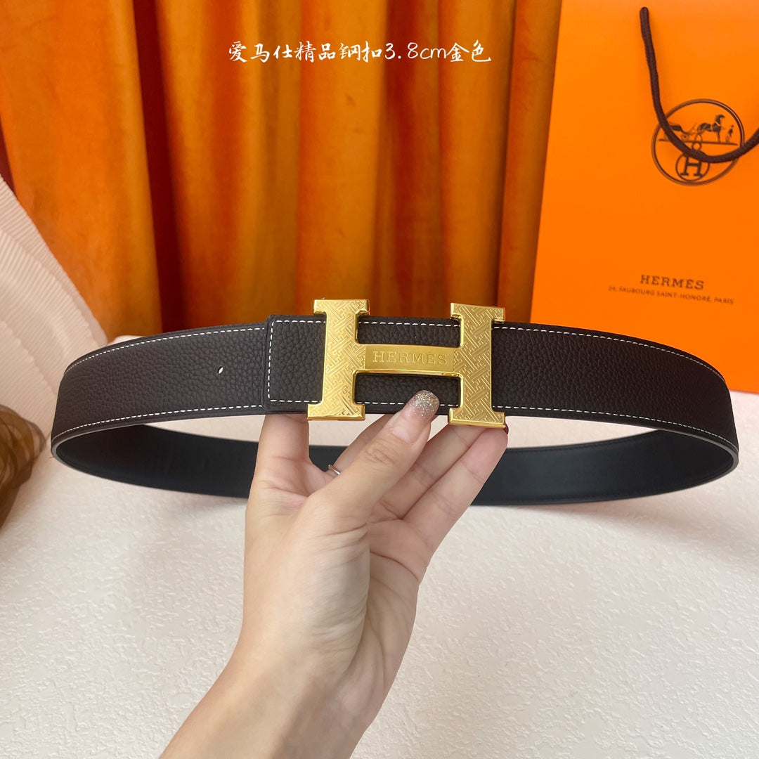 Gold Buckle H Belt 38mm Black Brown Calfskin 187185
