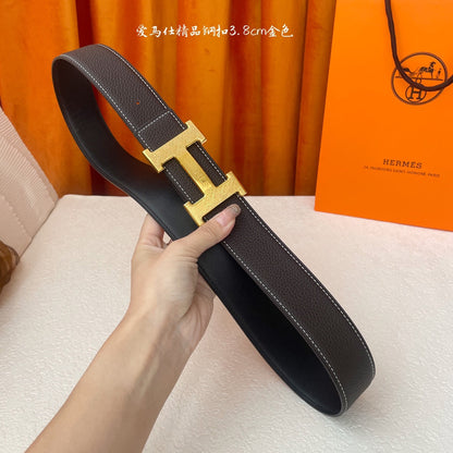 Gold Buckle H Belt 38mm Black Brown Calfskin 187185