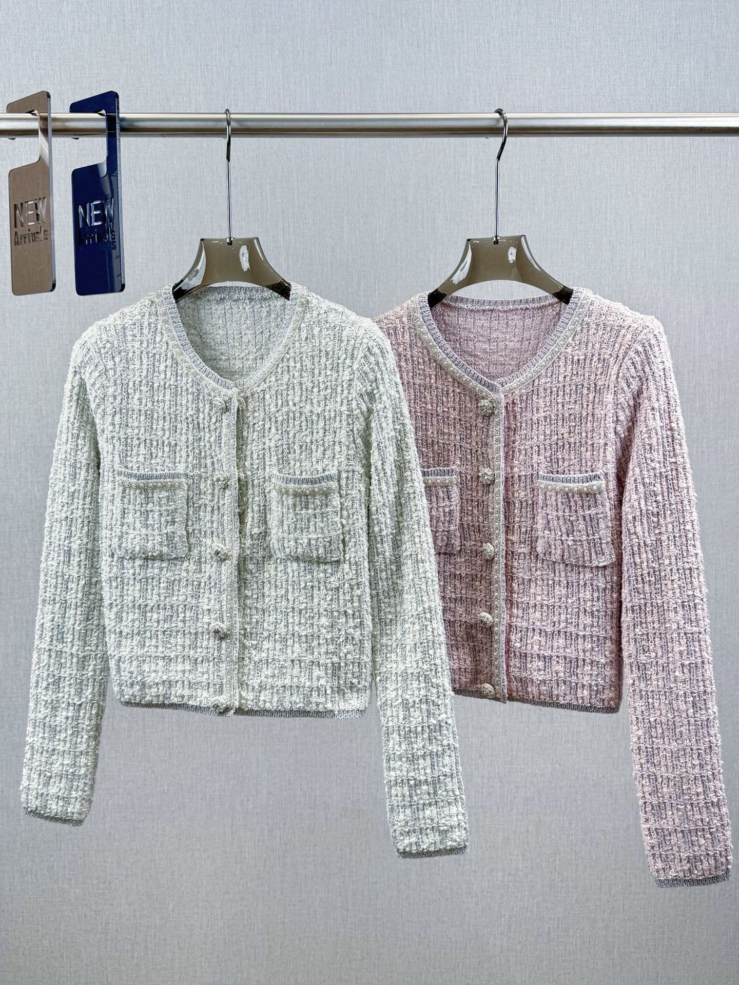 Tweed Beaded Coat Pink White Cotton Acrylic 251307