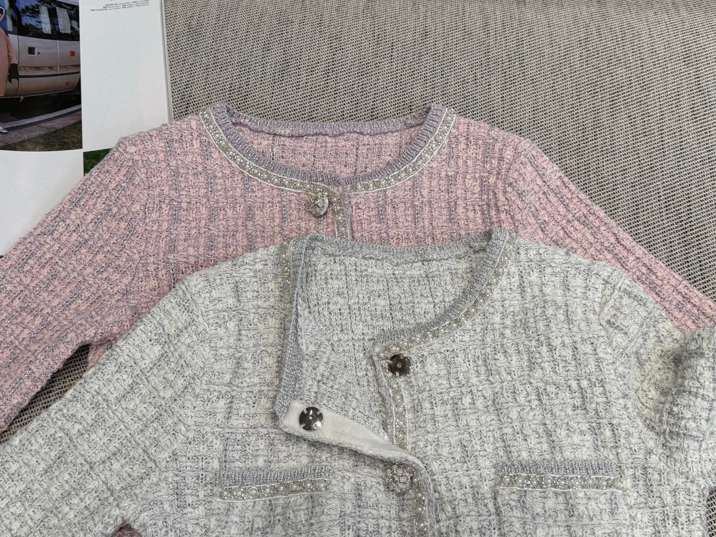 Tweed Beaded Coat Pink White Cotton Acrylic 251307