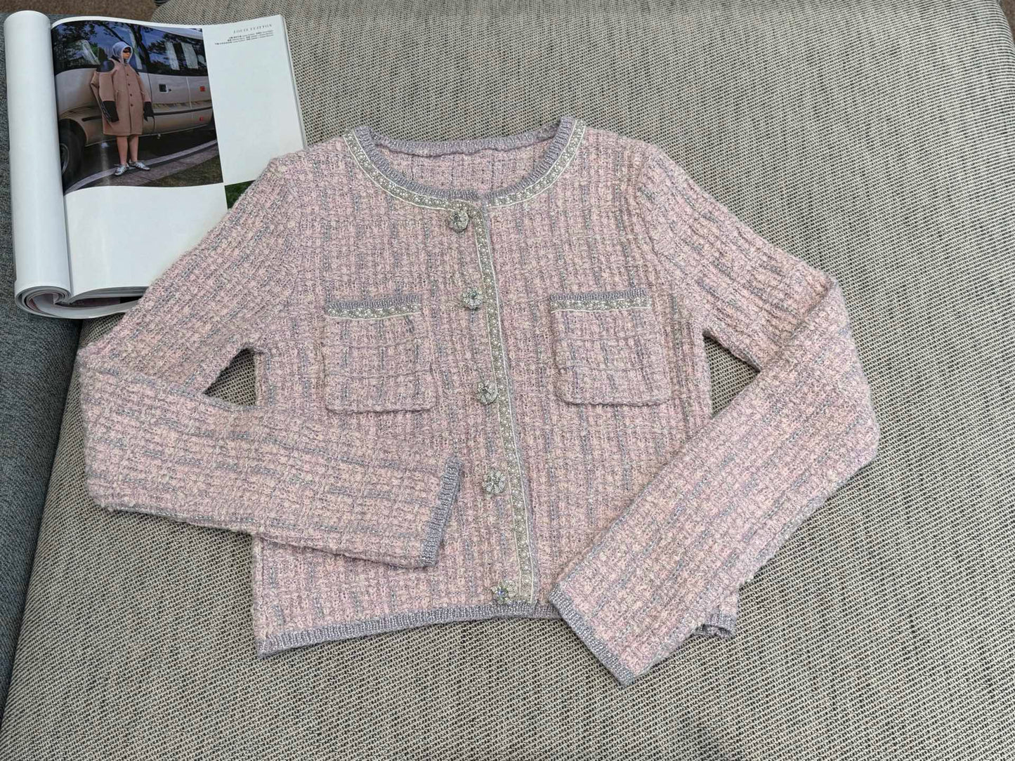 Tweed Beaded Coat Pink White Cotton Acrylic 251307