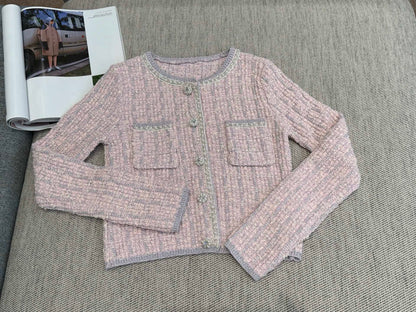 Tweed Beaded Coat Pink White Cotton Acrylic 251307