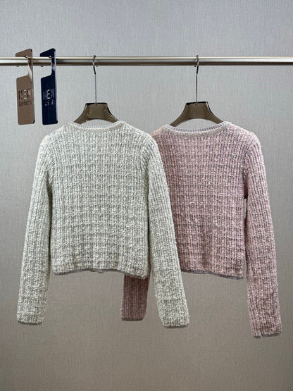 Tweed Beaded Coat Pink White Cotton Acrylic 251307