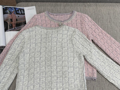 Tweed Beaded Coat Pink White Cotton Acrylic 251307