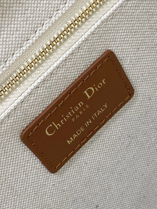 Book Tote Bag Beige Oblique Embroidered Raffia and Camel Calfskin