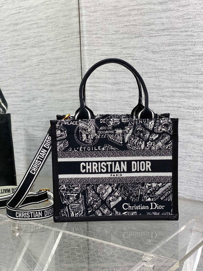Medium Book Tote Black and White Plan de Paris Embroidery with Black Calfskin