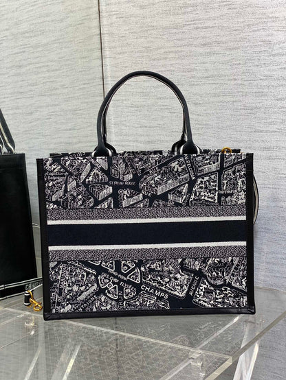 Medium Book Tote Black and White Plan de Paris Embroidery with Black Calfskin