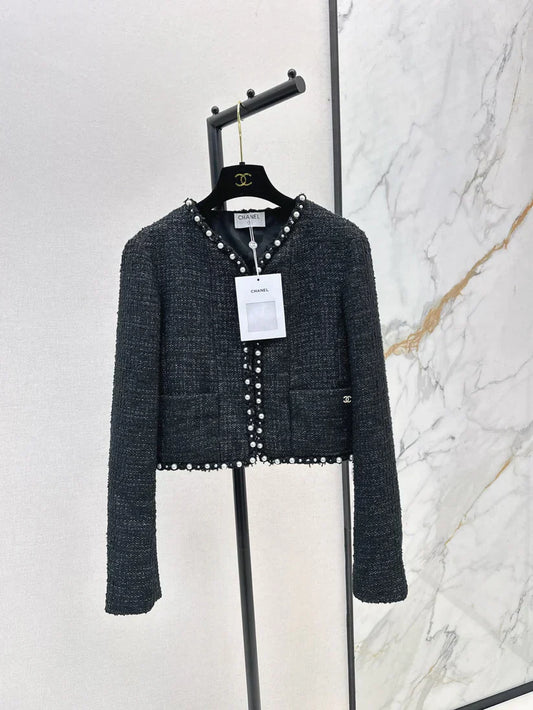 Pearl-Embellished Tweed-Style Blazer Jacket