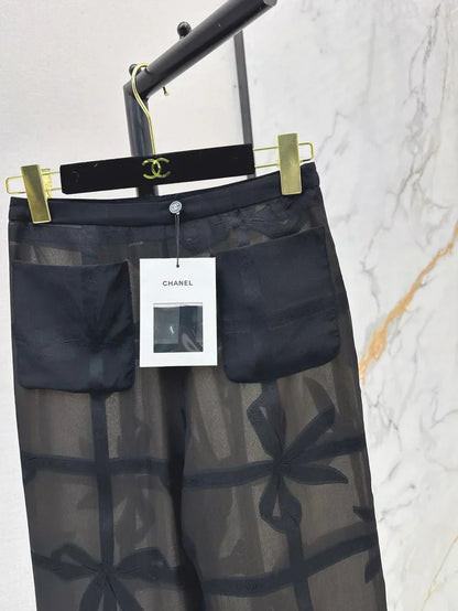 Silk Wide-Leg Pants with Bow Tie