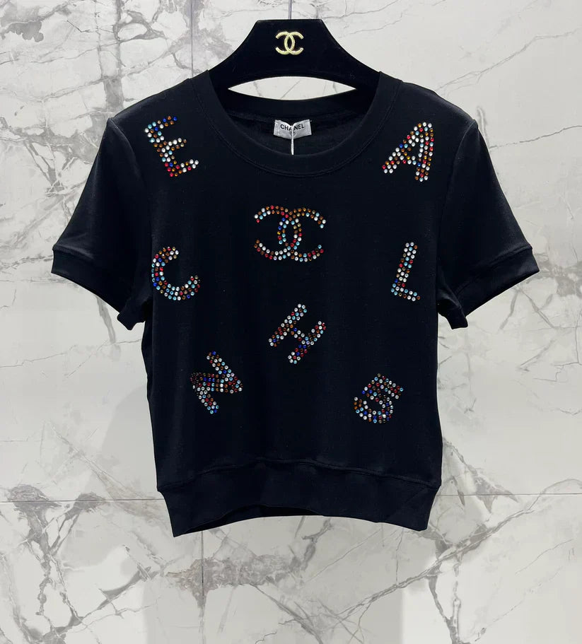 Colorful Rhinestone Letter T-Shirt